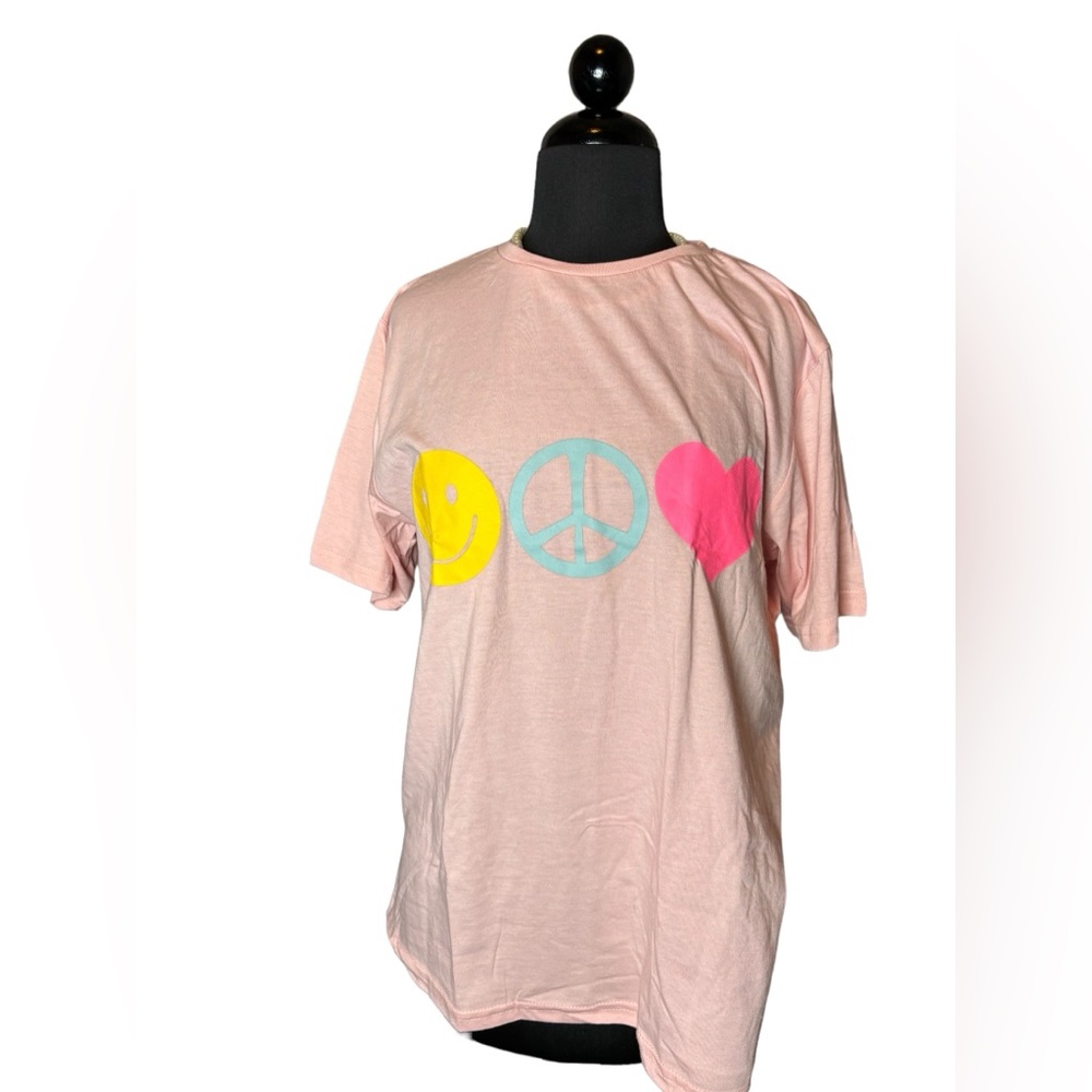 Sold Pink pajamas with peace and happy signs. New. 21” ptp 26” shoulder to hem - Picture 1 of 3